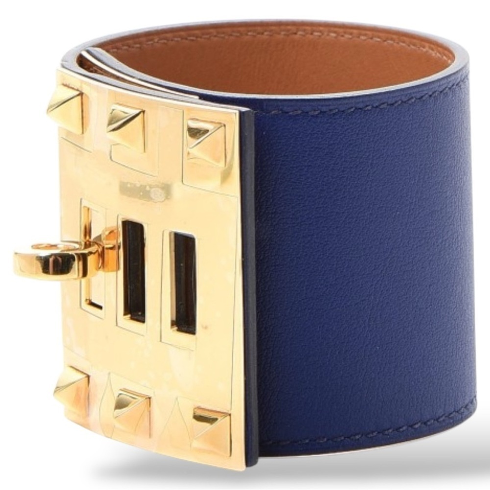 HERMES Kelly Extreme Dog Calfskin Blue R Stamp Gold Plated Wide Cuff Bracelet - Picture 12 of 15